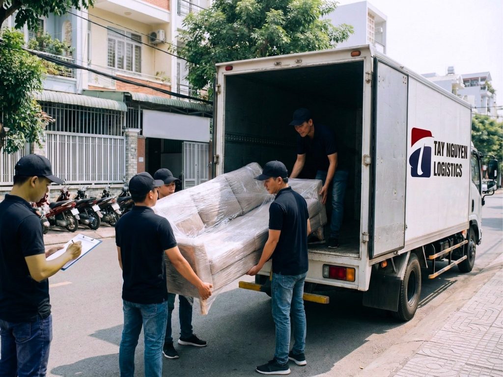 Xe tải chuyển nhà dừng tại khu vực chung cư