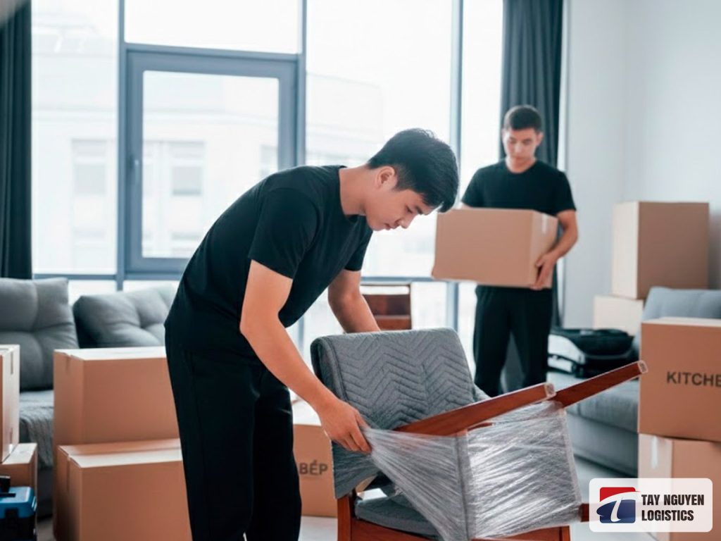 Nhân viên hỗ trợ đóng gói đồ dễ vỡ khi chuyển nhà