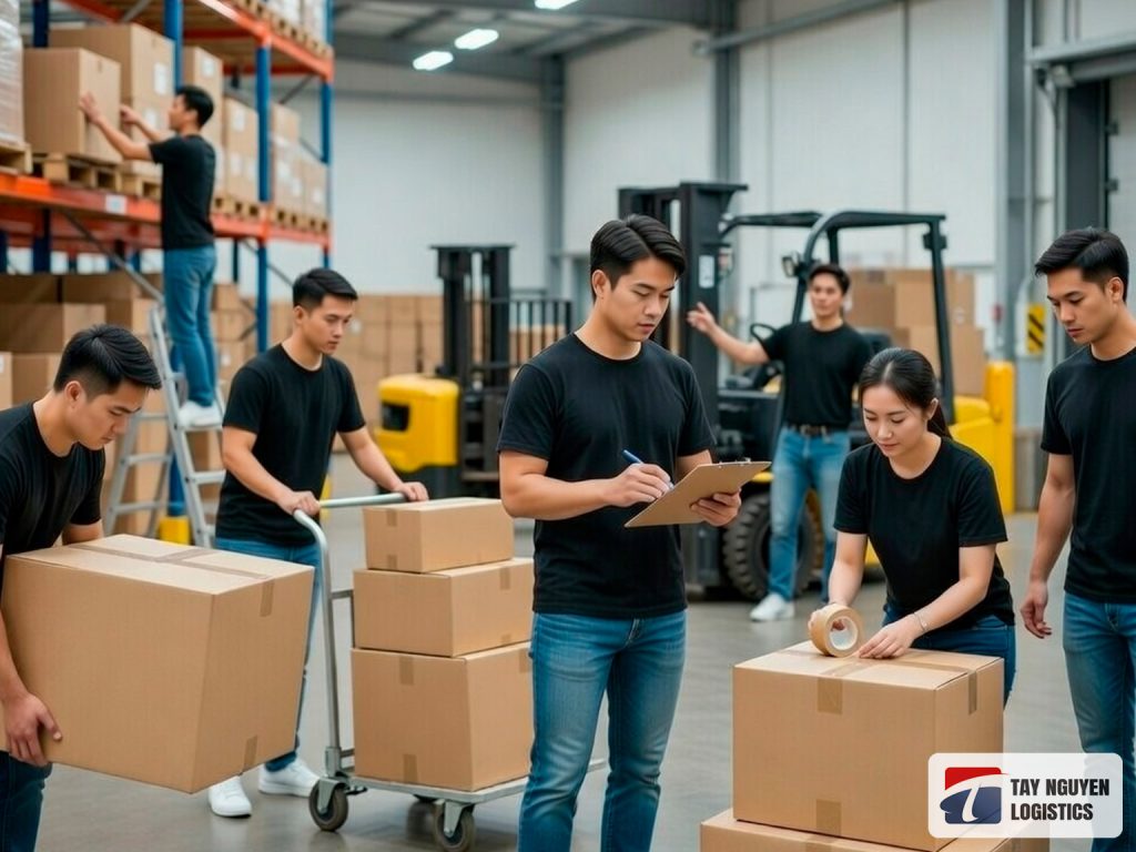 Đội ngũ nhân viên rút hàng từ xe nhanh chóng trong ngày