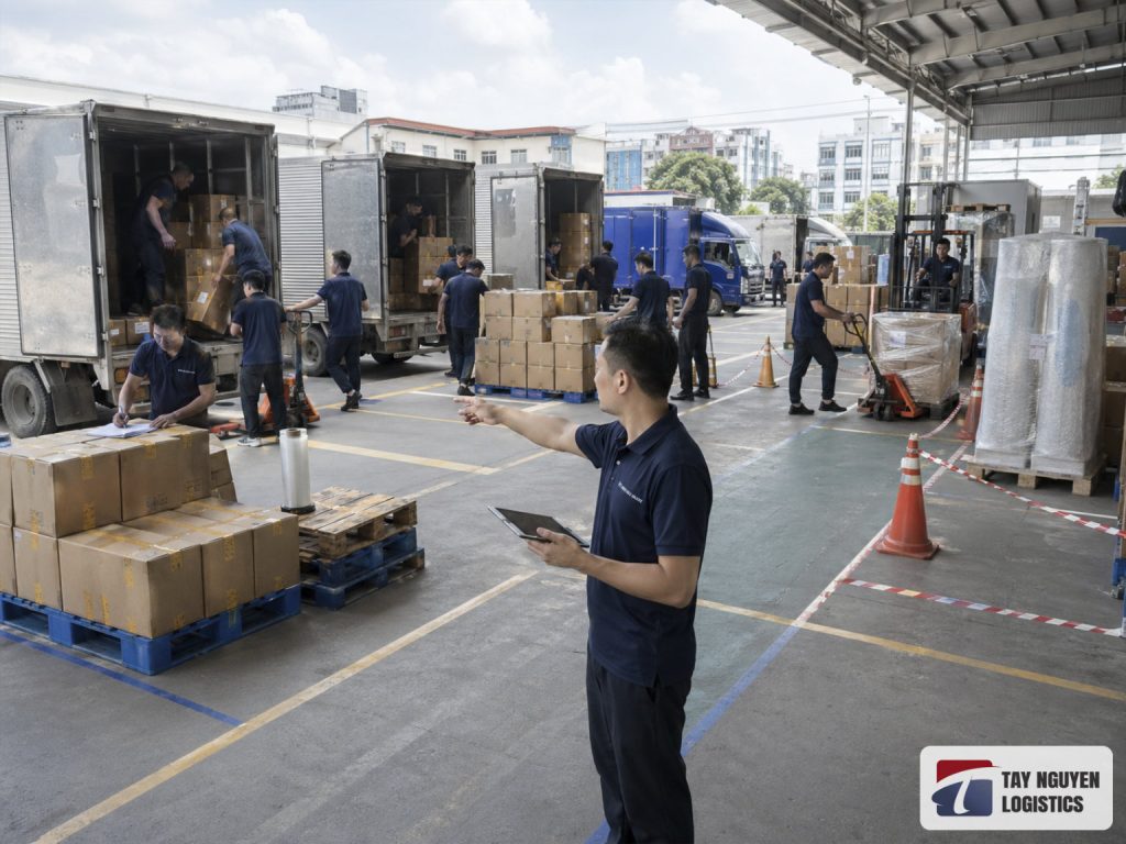 Tổ trưởng Tây Nguyễn Logistics giám sát và điều phối nhân công tại hiện trường
